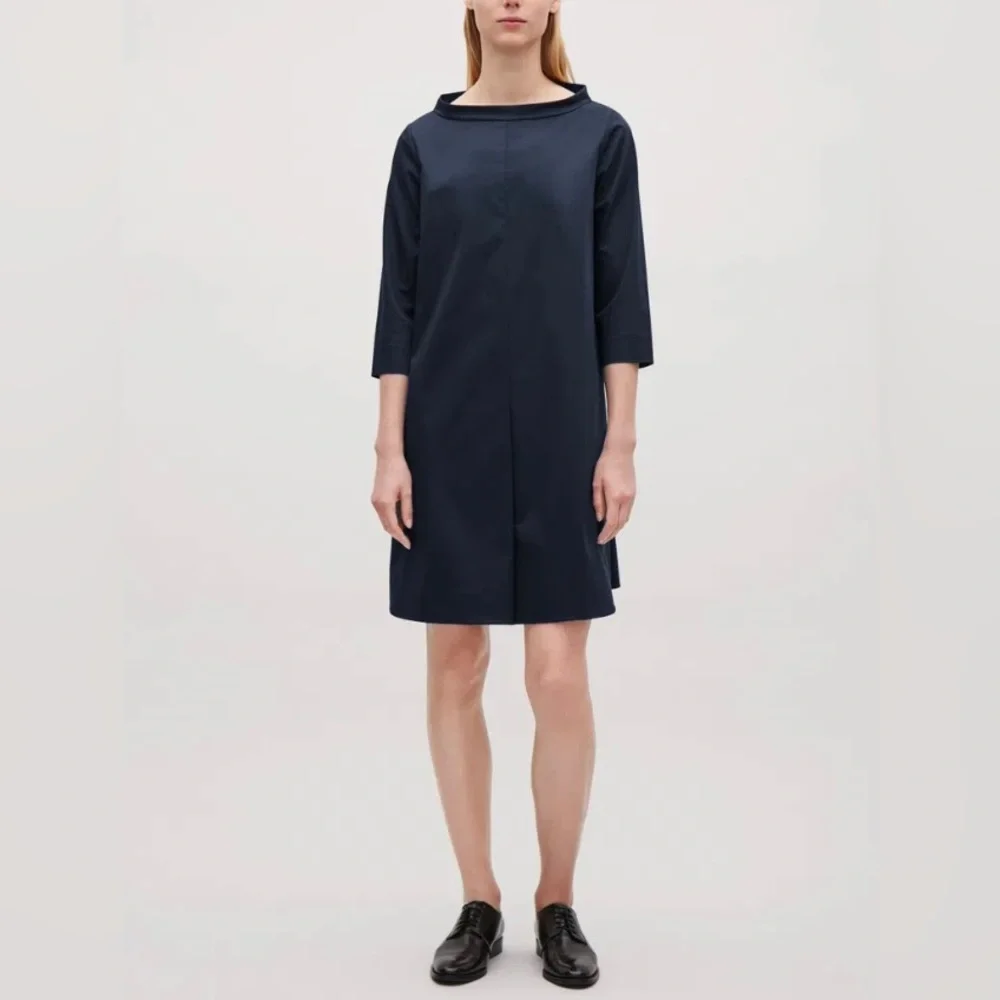 COS Women's Navy Blue Stand Up Collar Shift Dress Size 6 Quiet Luxury Office